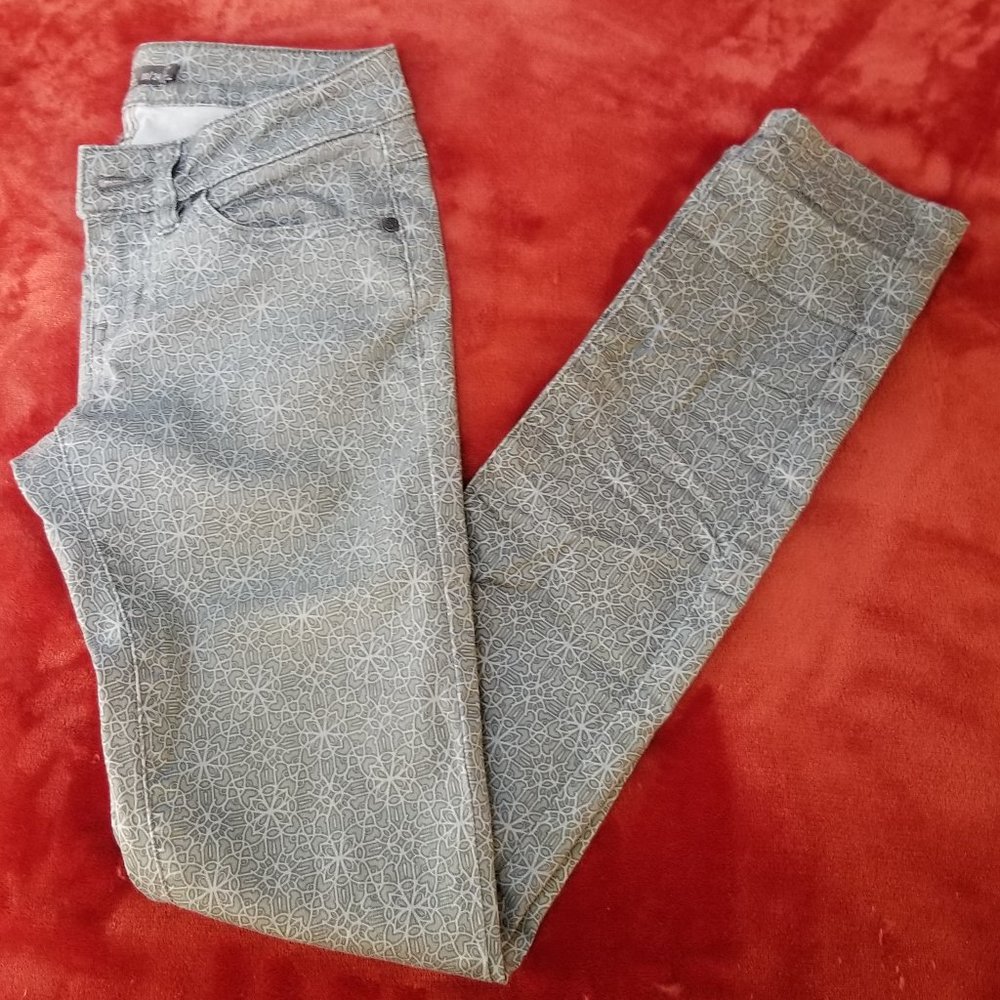 Prana Kara Organic Cotton Jeans Size 00/24 Stretch Skinny Silver Spain Print